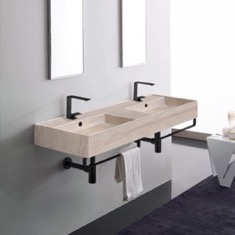 Beige Travertine Design Ceramic Wall Mounted Double Sink With Black Towel Bar
